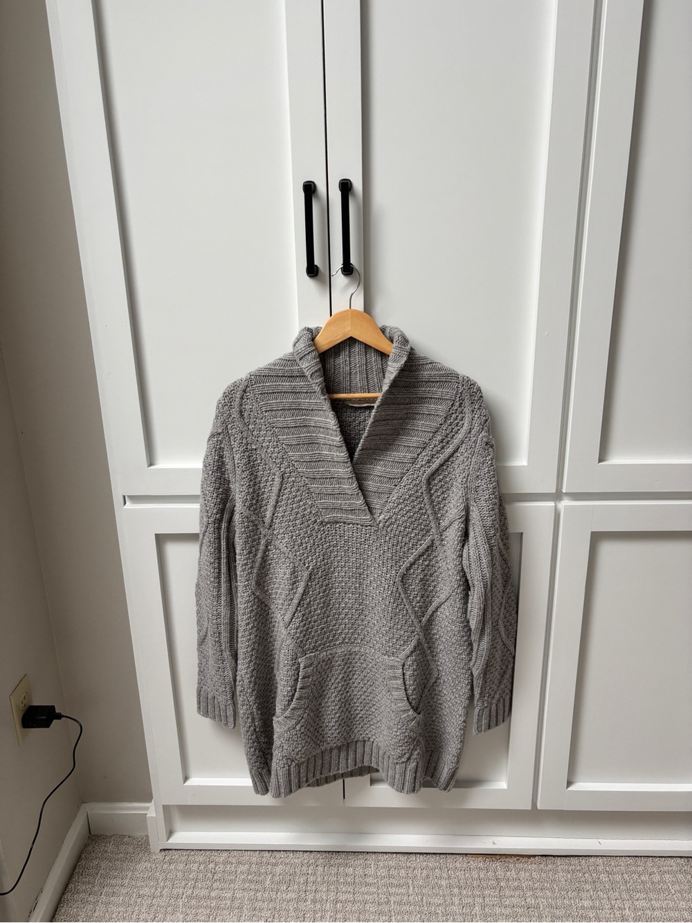 Soft Surroundings Gray Shawl-Collar Cable Knit Pullover Sweater